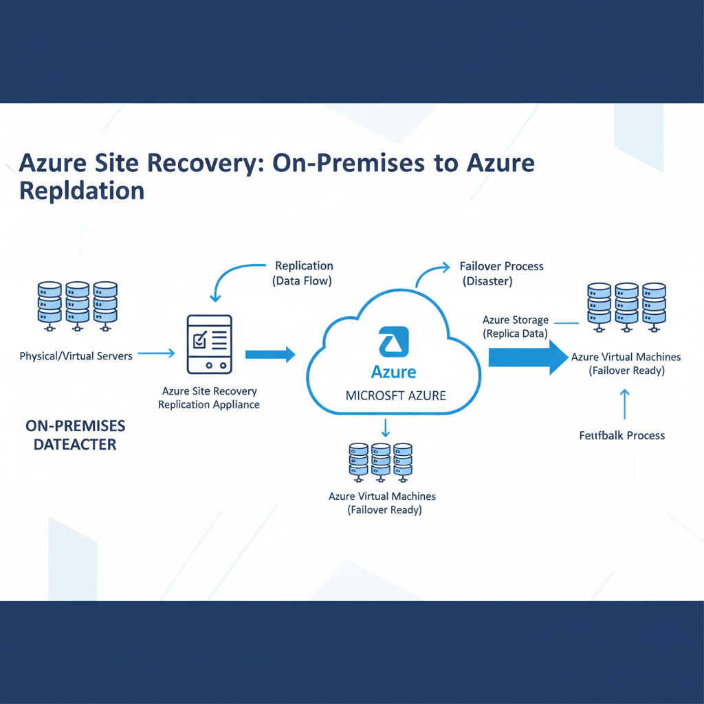 Diagram illustrating the process of replicating on-premises servers to Azure using Azure Site Recovery. Arrows indicate the flow of data and the failover process in case of a disaster.