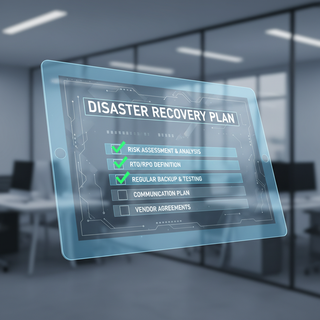 A checklist on a tablet screen, highlighting key steps in a disaster recovery plan, such as risk assessment, RTO/RPO definition, and regular testing. The background is a blurred office environment.