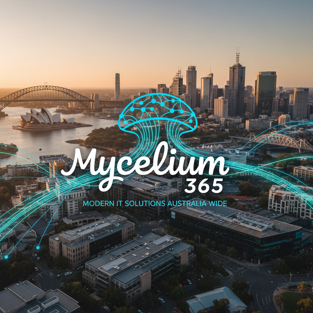 Mycelium 365 logo superimposed on a cityscape background, representing the company's presence in major Australian cities and its focus on modern IT solutions.
