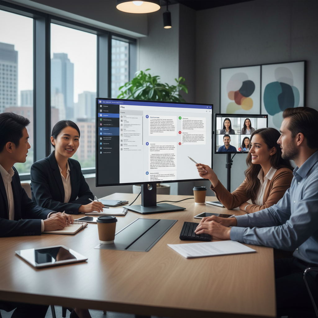 A diverse team collaborating seamlessly on documents within a Microsoft Teams interface, showcasing integrated file sharing and communication.