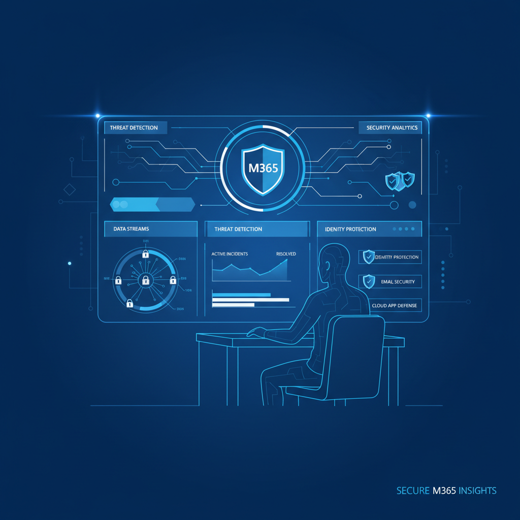 A cybersecurity expert monitoring a dashboard displaying threat detection and security analytics for a Microsoft 365 environment, symbolising advanced protection.