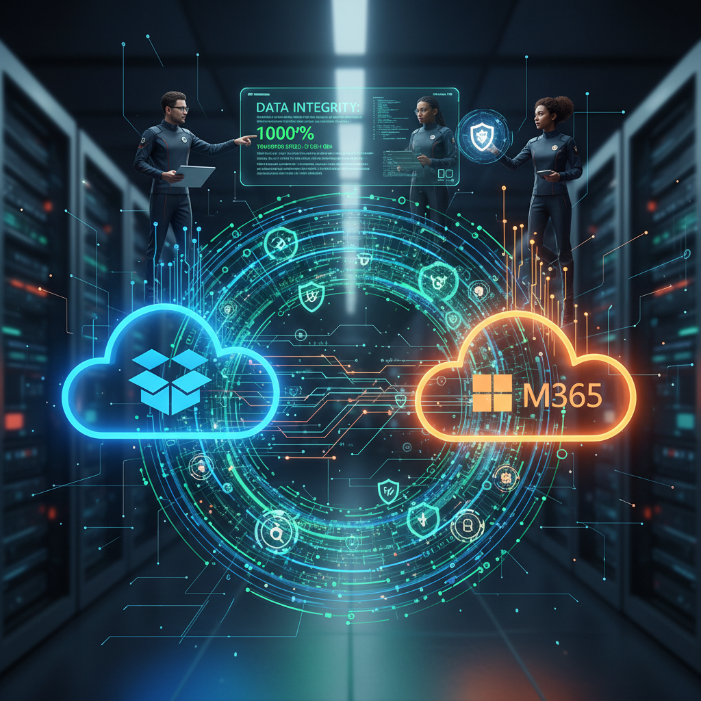 A visual representation of data flowing securely from a Dropbox cloud icon to a Microsoft 365 cloud icon, overseen by a professional IT team.