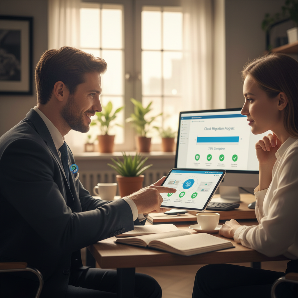 A Mycelium 365 expert consulting with a business owner, pointing to a tablet displaying cloud migration progress and security features.