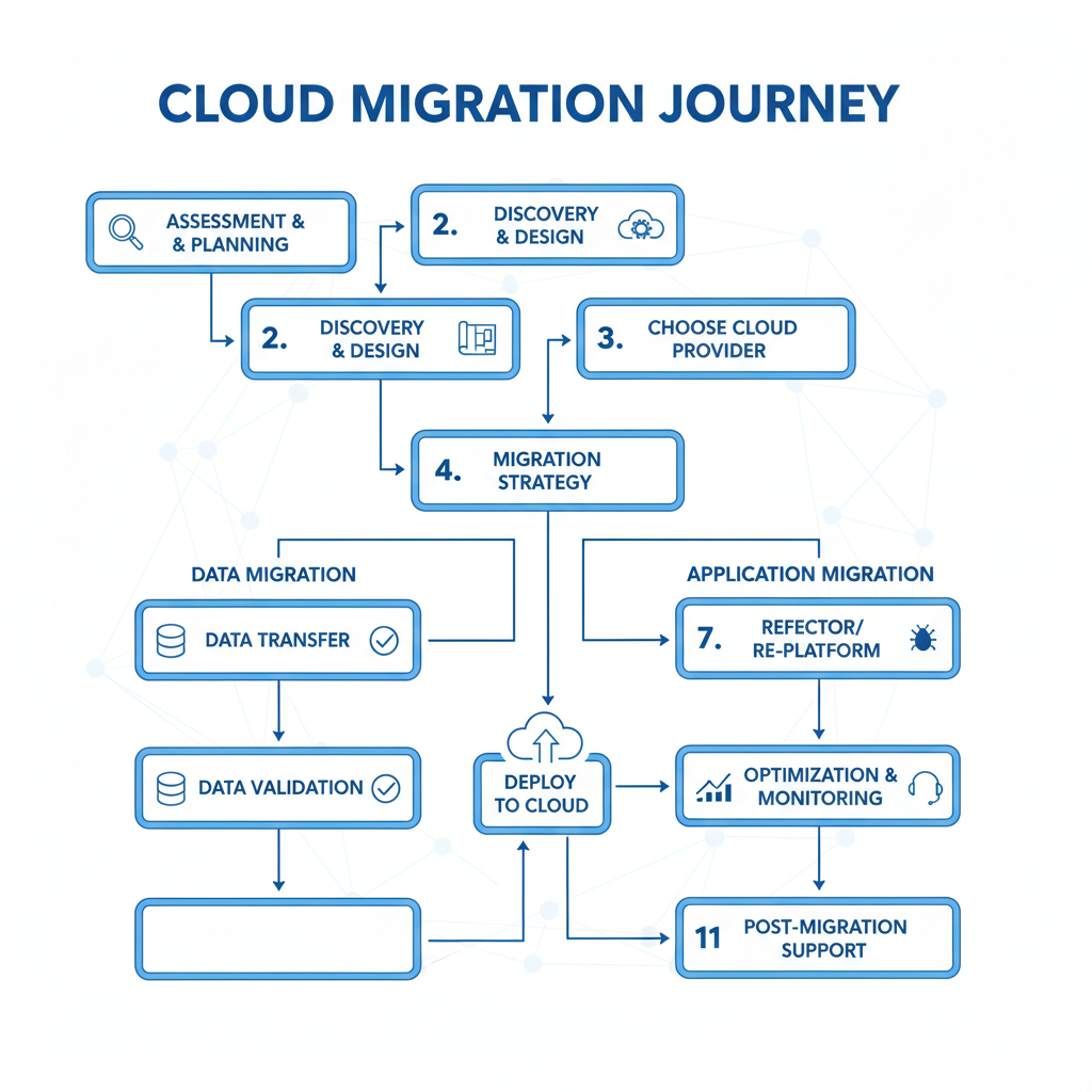 A flowchart illustrating the steps involved in a cloud migration process, from initial assessment and planning to data migration and post-migration support.