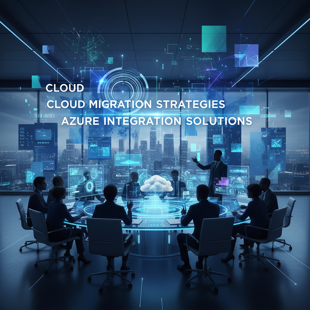 A team of IT professionals collaborating around a table, discussing cloud migration strategies and Azure integration solutions.