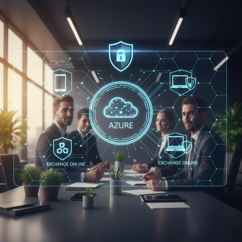 A futuristic graphic representing data flowing securely between devices and the cloud, emphasizing the security and accessibility of Exchange Online and Azure.