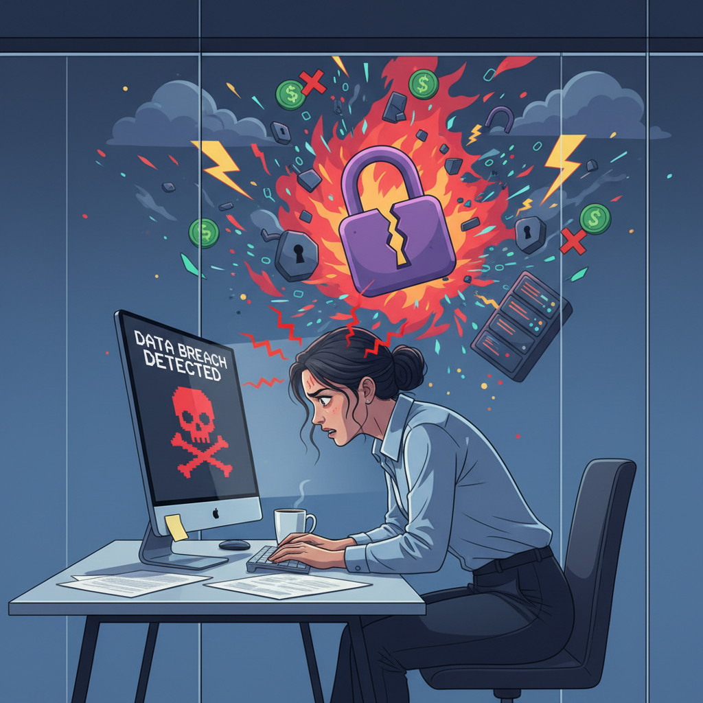 Office worker looking stressed at their computer, with a depiction of a data breach in the background.