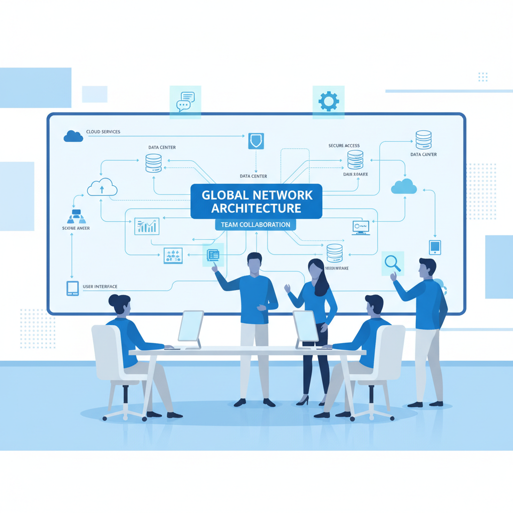 A team of IT professionals collaborating around a large screen displaying a network diagram.