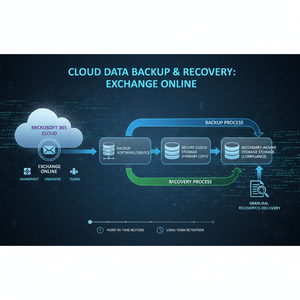 A simplified diagram illustrating the flow of data backup and recovery in a cloud environment, with emphasis on Exchange Online.