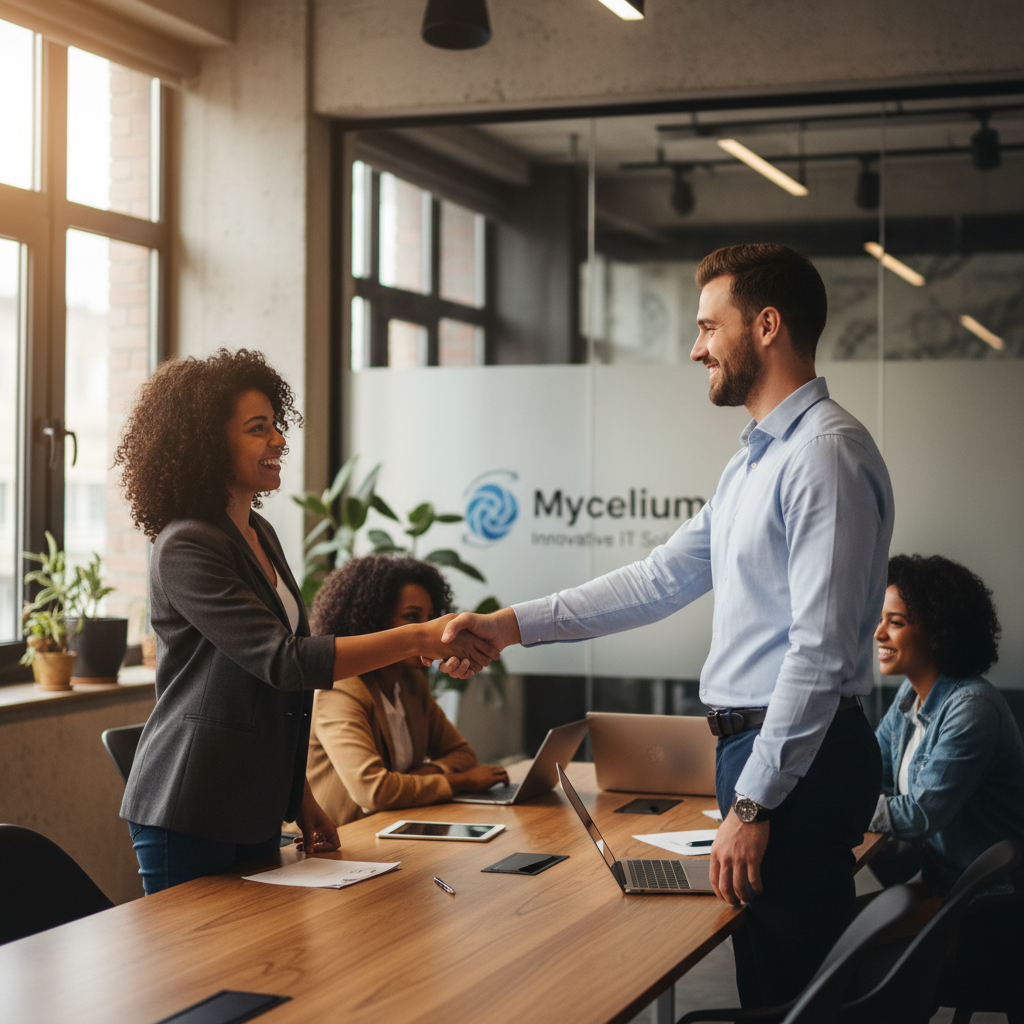 A Mycelium 365 team member smiling and shaking hands with a client in a modern office setting.