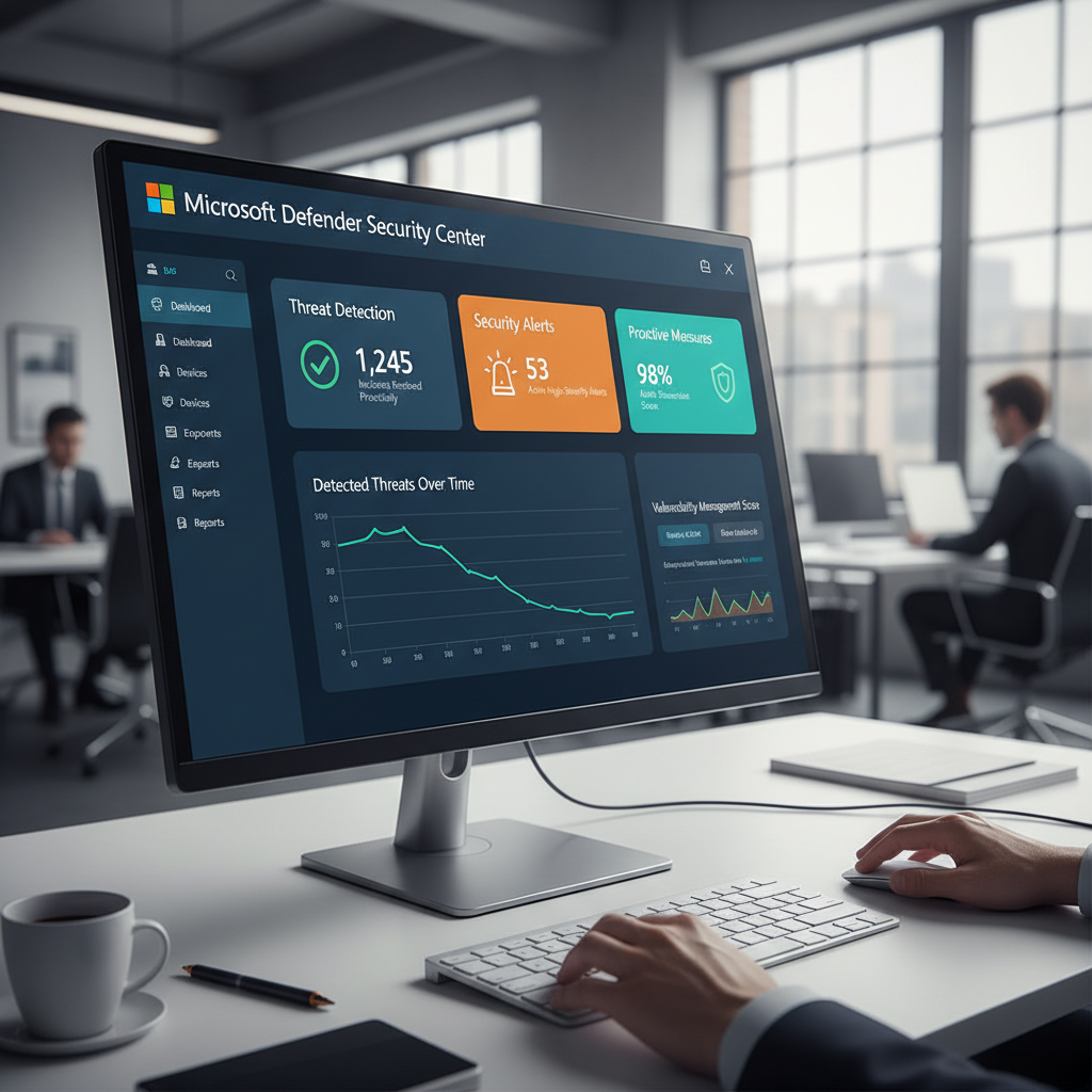A dashboard view of Microsoft Defender, showing threat detection and security alerts, highlighting the proactive security measures it provides.
