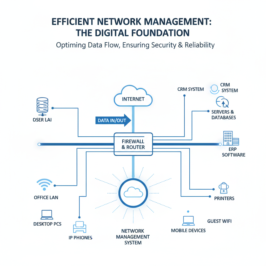 A network diagram illustrating the flow of data and interconnected devices within a business network, highlighting the importance of efficient network management.