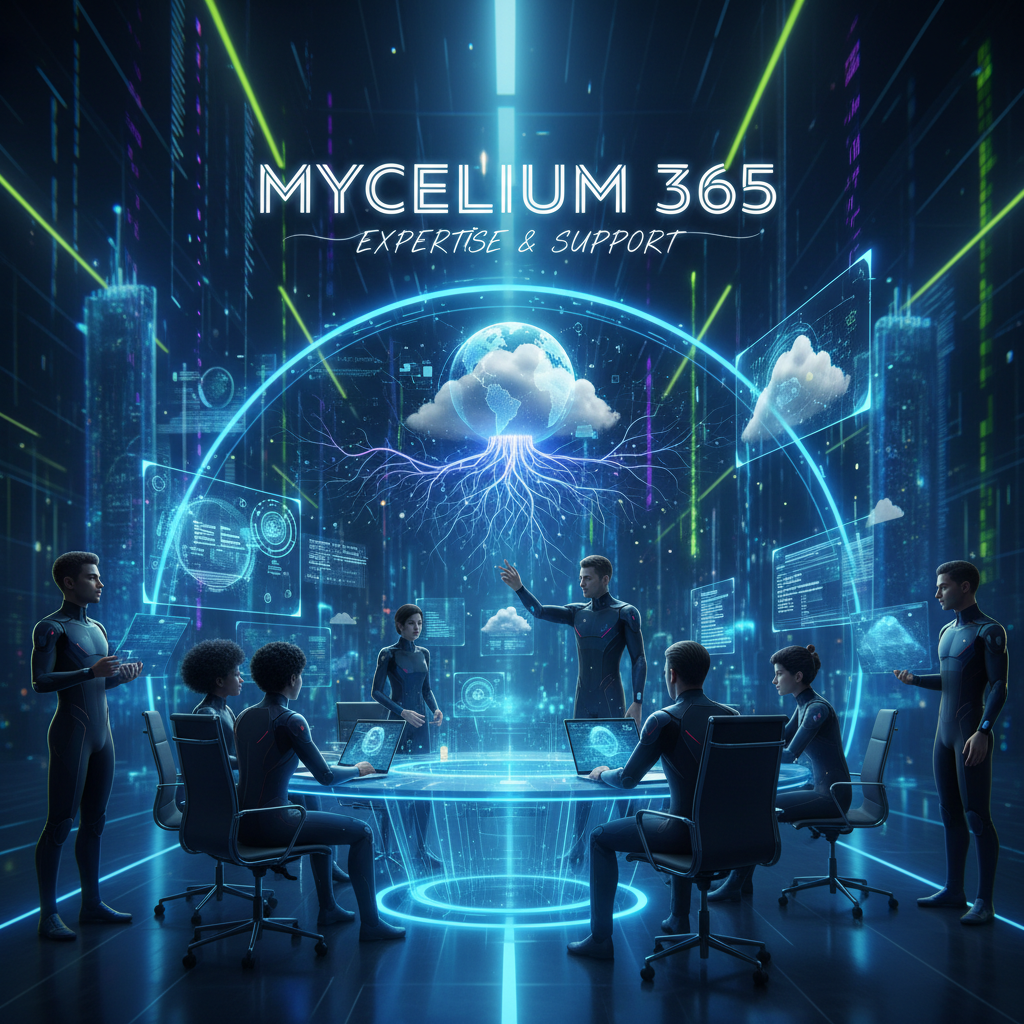 A team of IT professionals working collaboratively in a modern office environment, showcasing the expertise and support provided by Mycelium 365.