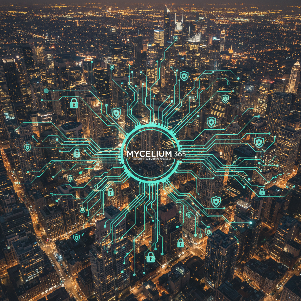An aerial view of a modern city skyline at night, representing the interconnectedness and digital landscape of modern business, symbolizing Mycelium 365's role in securing and managing IT infrastructure in a complex environment.
