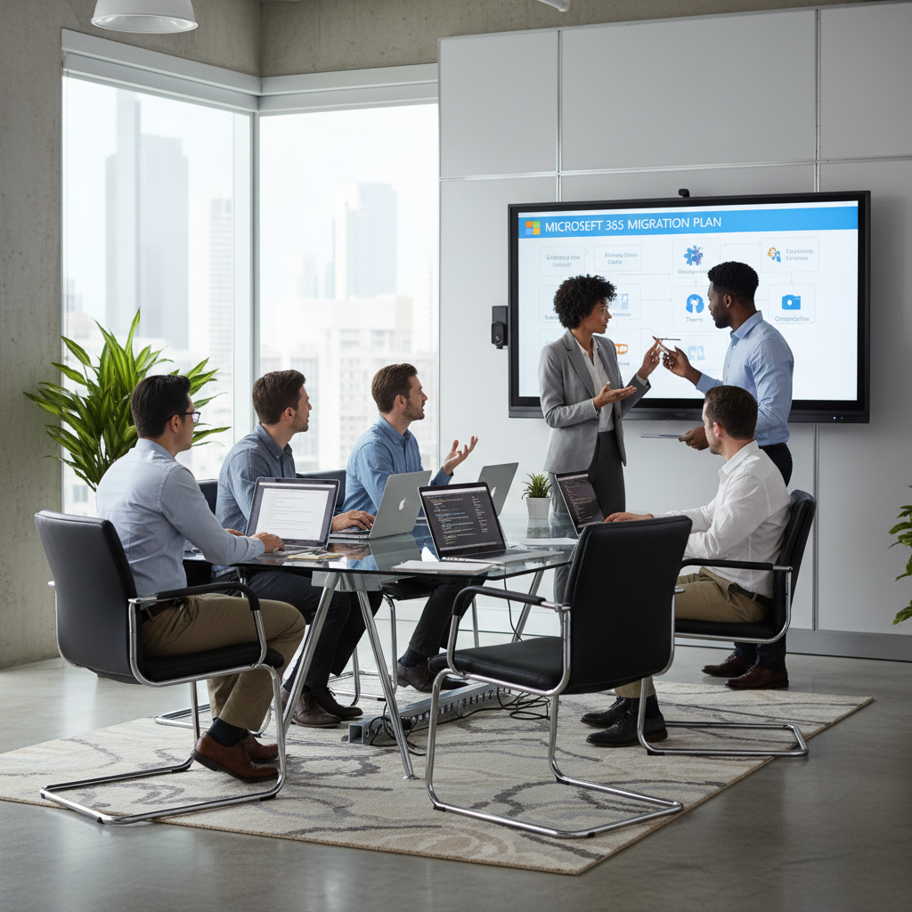 A team of IT professionals collaborating on a Microsoft 365 migration, showcasing a modern office environment with laptops and a whiteboard.