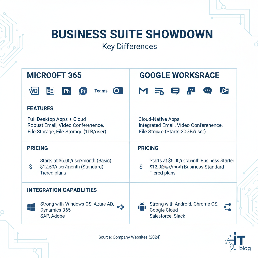 A comparison table highlighting the key differences between Microsoft 365 and Google Workspace for business, focusing on features, pricing, and integration capabilities.