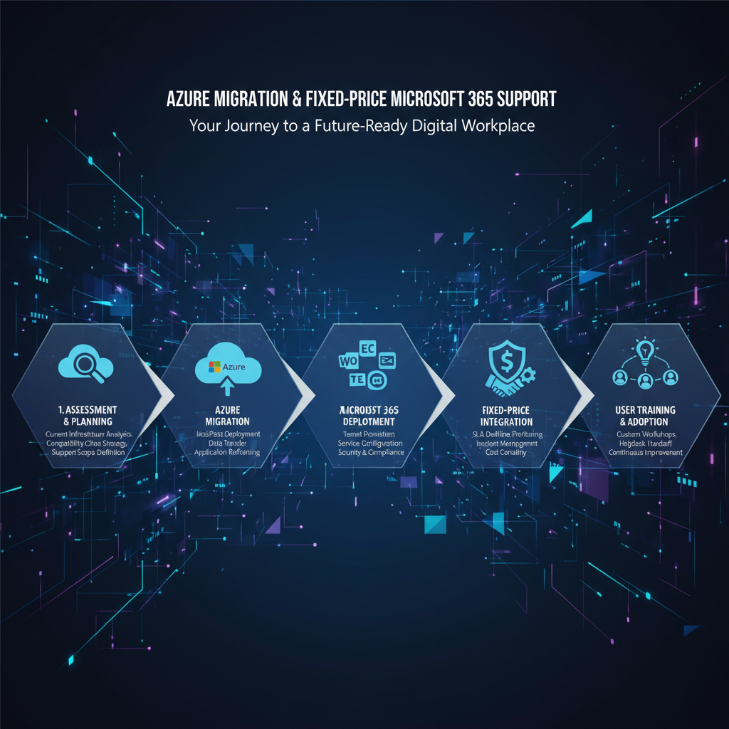 An infographic illustrating the steps involved in migrating to Azure and implementing fixed price Microsoft 365 support, from assessment to user training.