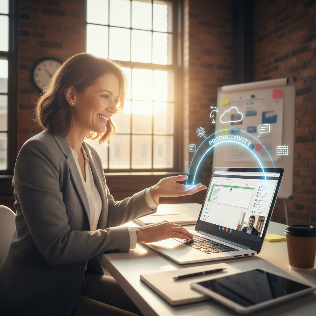 A satisfied business owner using Microsoft 365 on their laptop, showcasing the benefits of enhanced productivity and collaboration.