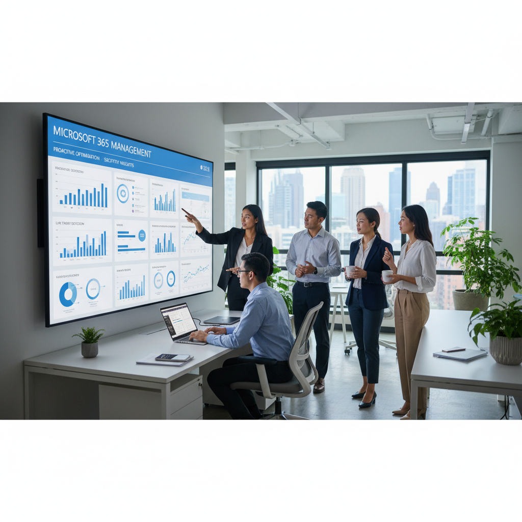 A team of IT professionals collaborating in a modern office environment, reviewing data on a large screen, showcasing proactive Microsoft 365 management.