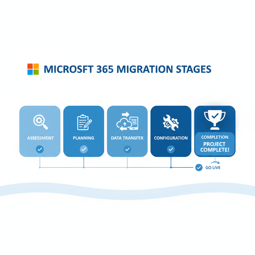 A progress bar illustrating the stages of a Microsoft 365 migration, from assessment to completion, with icons representing data transfer and configuration.
