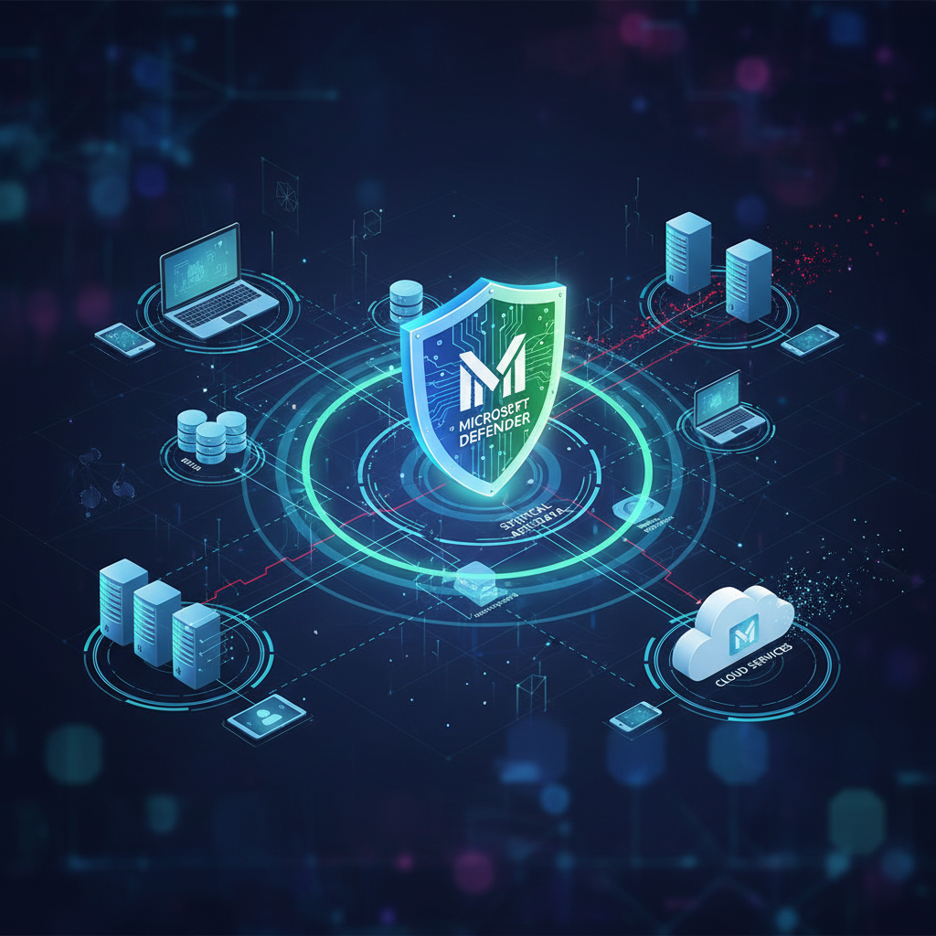 A digital shield icon representing Microsoft Defender, overlaid on a network diagram, highlighting the protection of data and systems.