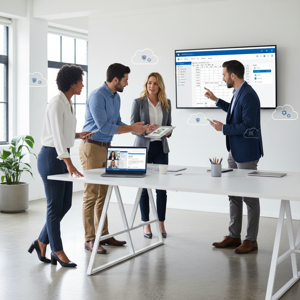 Modern office workers collaborating seamlessly with Microsoft 365 apps on various devices (laptop, tablet, phone), with a subtle overlay of cloud icons, representing managed services. Professional, clean, and vibrant.