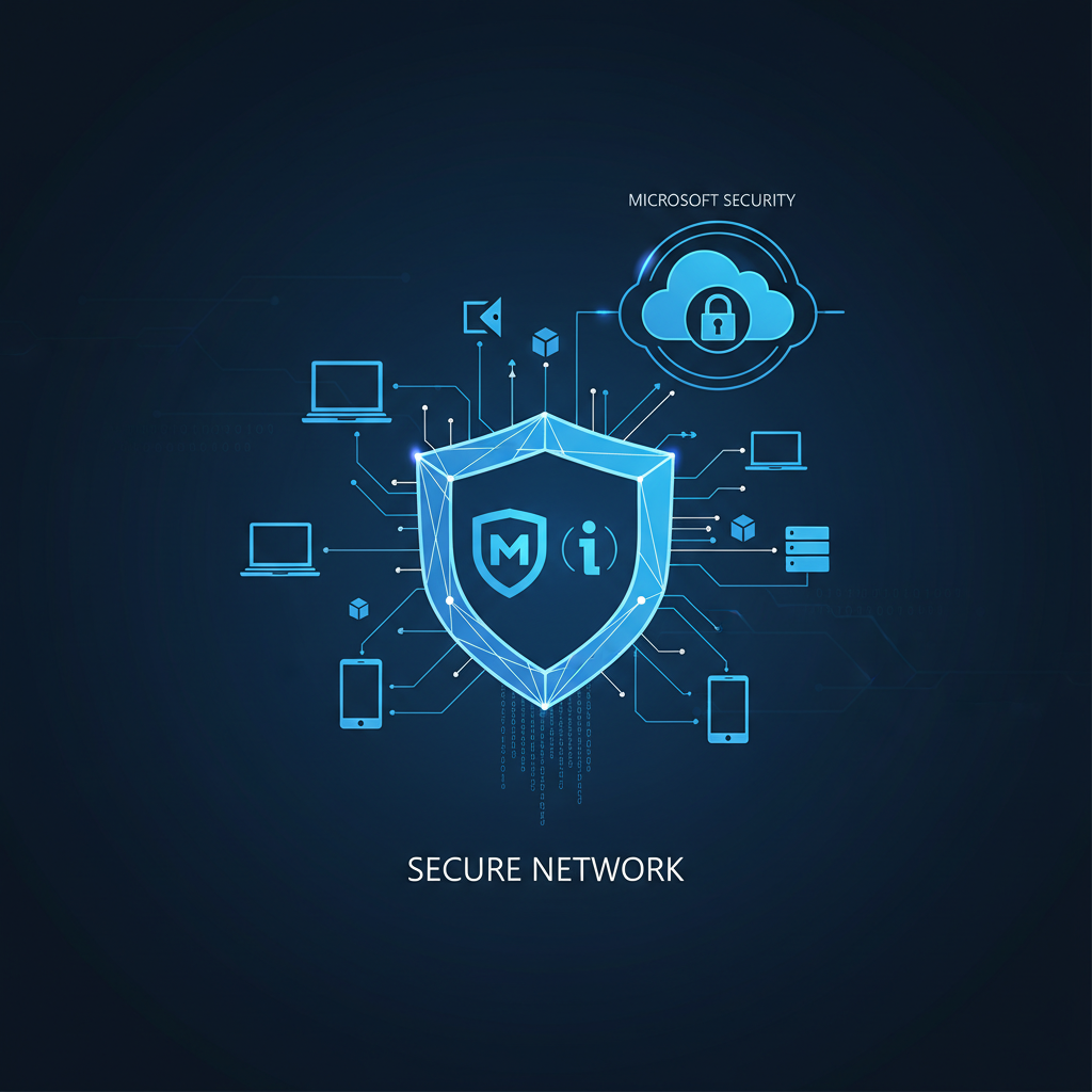 A cybersecurity shield icon integrated with Microsoft Defender and Intune logos, protecting a network of interconnected devices and data flowing into a secure cloud environment. Dark, professional, and secure aesthetic.