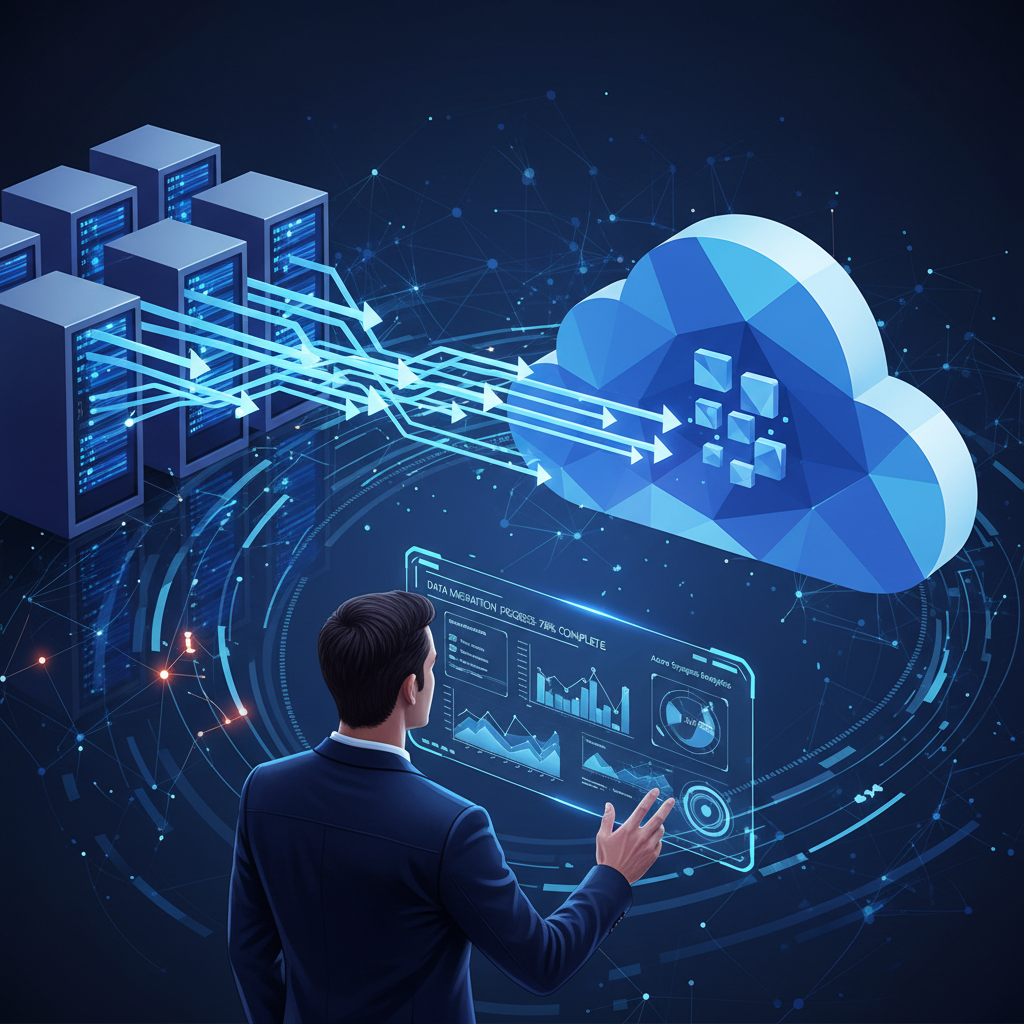 A visual representation of data migration, with arrows flowing from on-premise servers into a Microsoft Azure cloud symbol, overseen by an IT professional monitoring the process on a screen. Dynamic and illustrative.