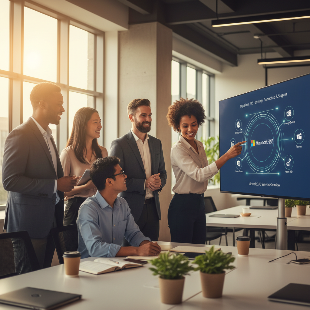 A diverse team of IT professionals (Mycelium 365 representatives) collaborating in a modern office, one pointing to a dashboard showing Microsoft 365 services, symbolising expert support and strategic partnership.