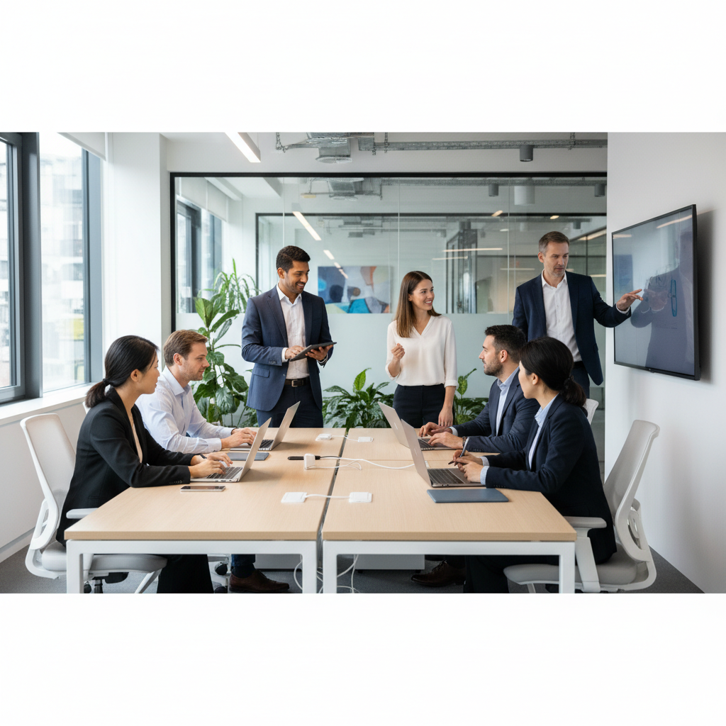 A diverse team of business professionals collaborating seamlessly in a modern, brightly lit office space, using laptops and tablets.