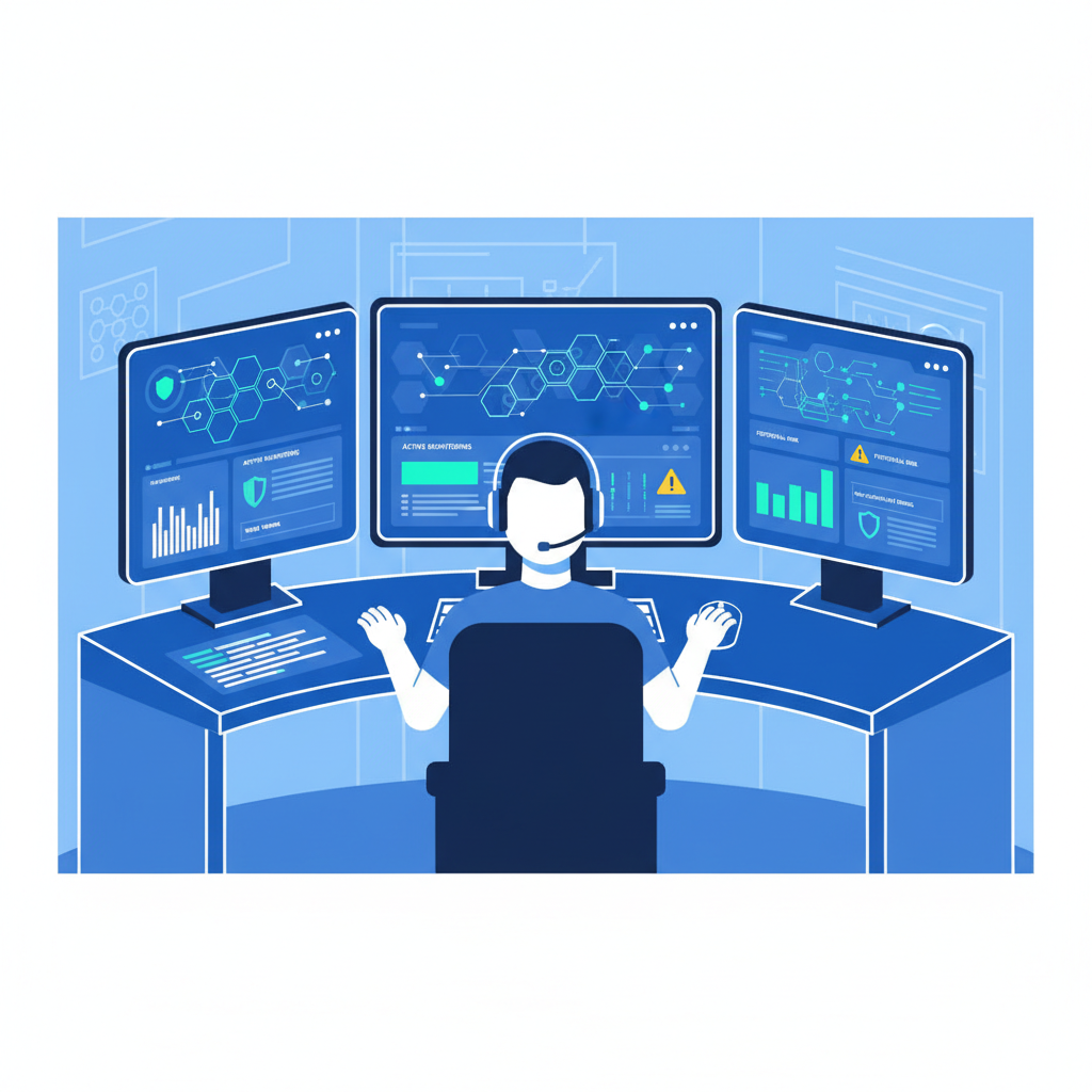 A cybersecurity expert monitoring multiple screens displaying network security dashboards and device compliance reports.