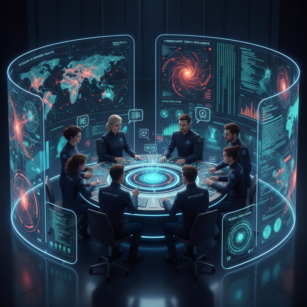 A team of IT professionals from Mycelium 365 collaborating in a control room, monitoring network health and security alerts across multiple screens.