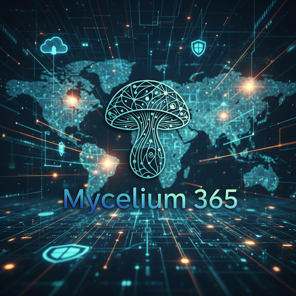 A stylised Mycelium 365 logo overlaid on a background of interconnected digital networks, symbolising comprehensive IT management.