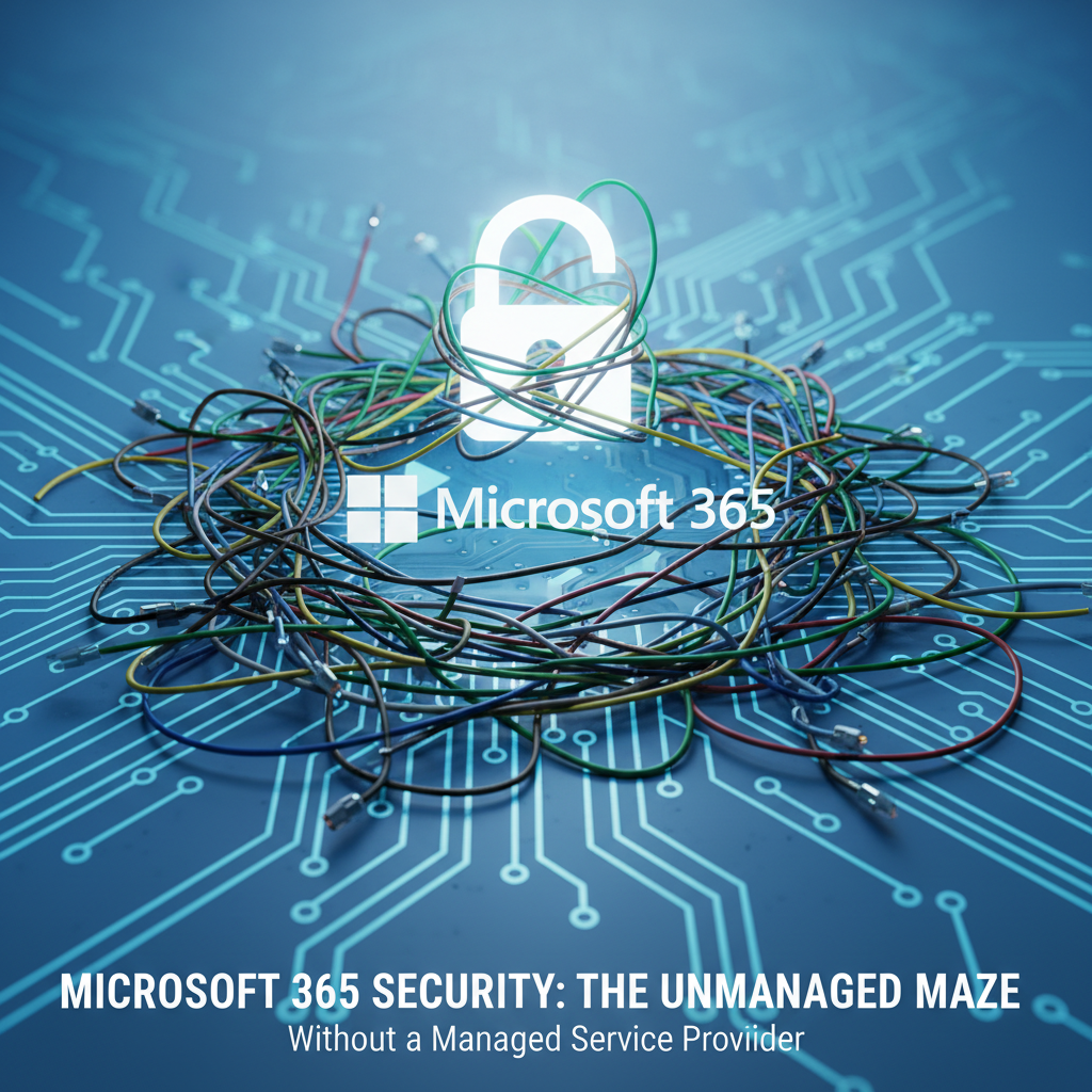 A graphic showing a tangled web of wires representing the complexity of managing Microsoft 365 security without a managed service provider.
