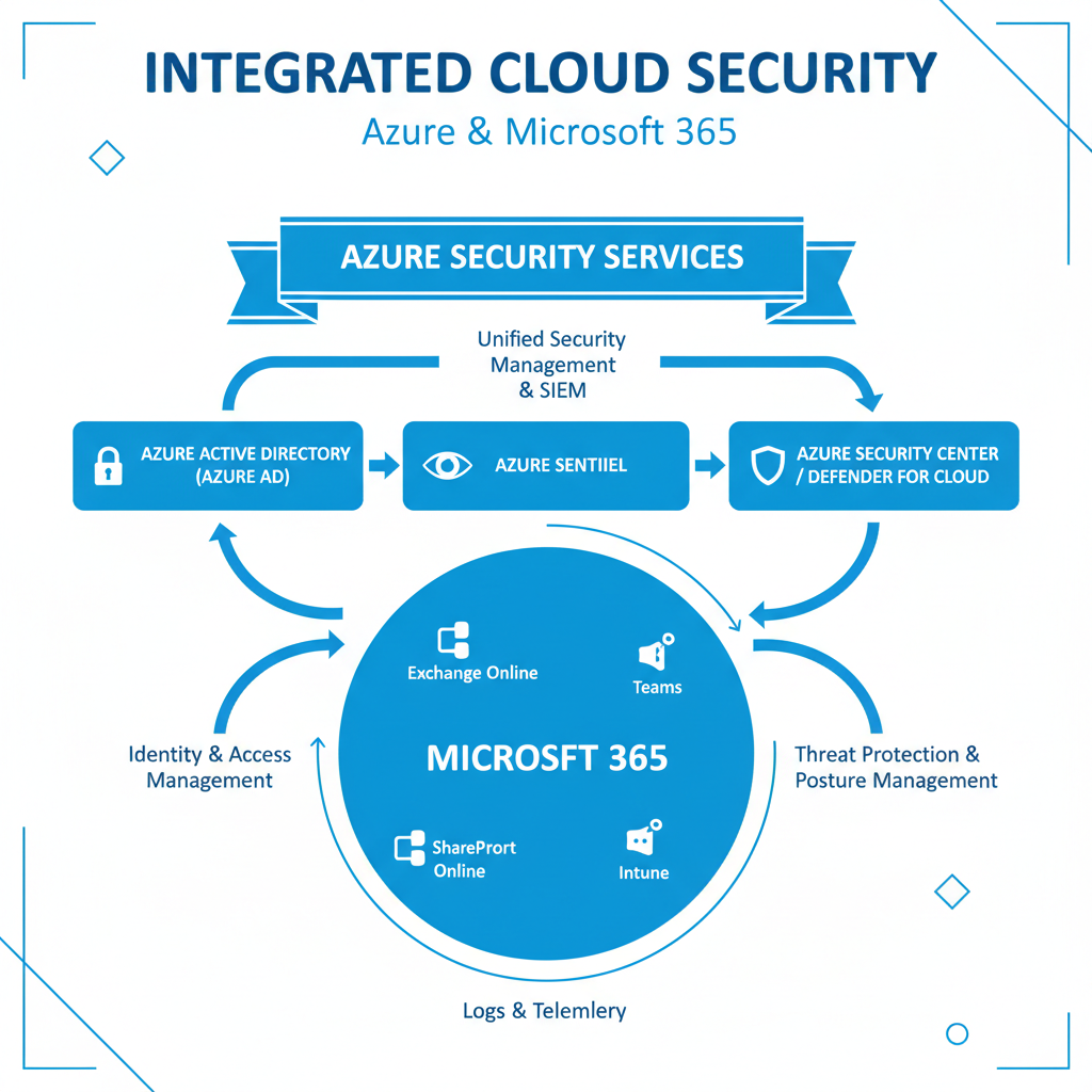A diagram illustrating the integration of Azure security services with Microsoft 365, highlighting key components like Azure AD, Azure Sentinel, and Azure Security Center.