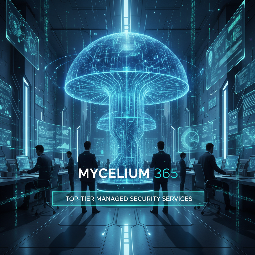 A professional team of IT security experts working in a modern office environment, representing Mycelium 365's dedication to providing top-tier managed services.