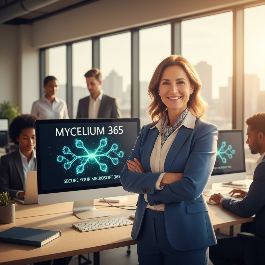 A happy business owner smiling confidently, symbolizing the peace of mind that comes with having Mycelium 365 manage their Microsoft 365 security.