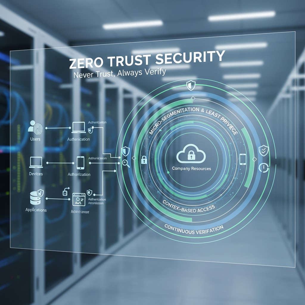 A diagram illustrating the principles of Zero Trust Security, showing layers of verification and access control for users, devices, and applications accessing company resources.