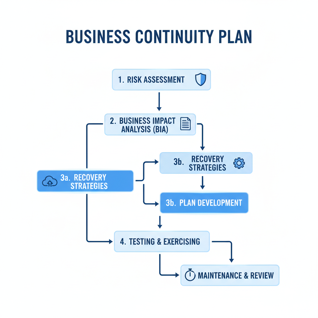 A flowchart outlining the steps involved in a Business Continuity plan, including risk assessment, impact analysis, recovery strategies, and testing.