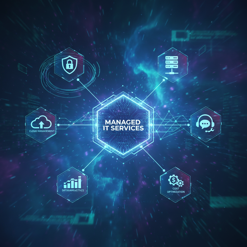 A graphic depicting Managed IT Services as a central hub connecting various IT functions, such as cybersecurity, cloud management, and helpdesk support.