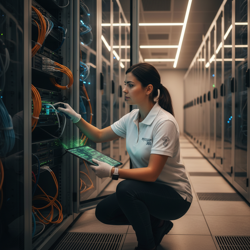 A professional-looking image of a Mycelium 365 IT specialist working on a server rack in a modern data center, highlighting the company's expertise in managing complex IT infrastructure.