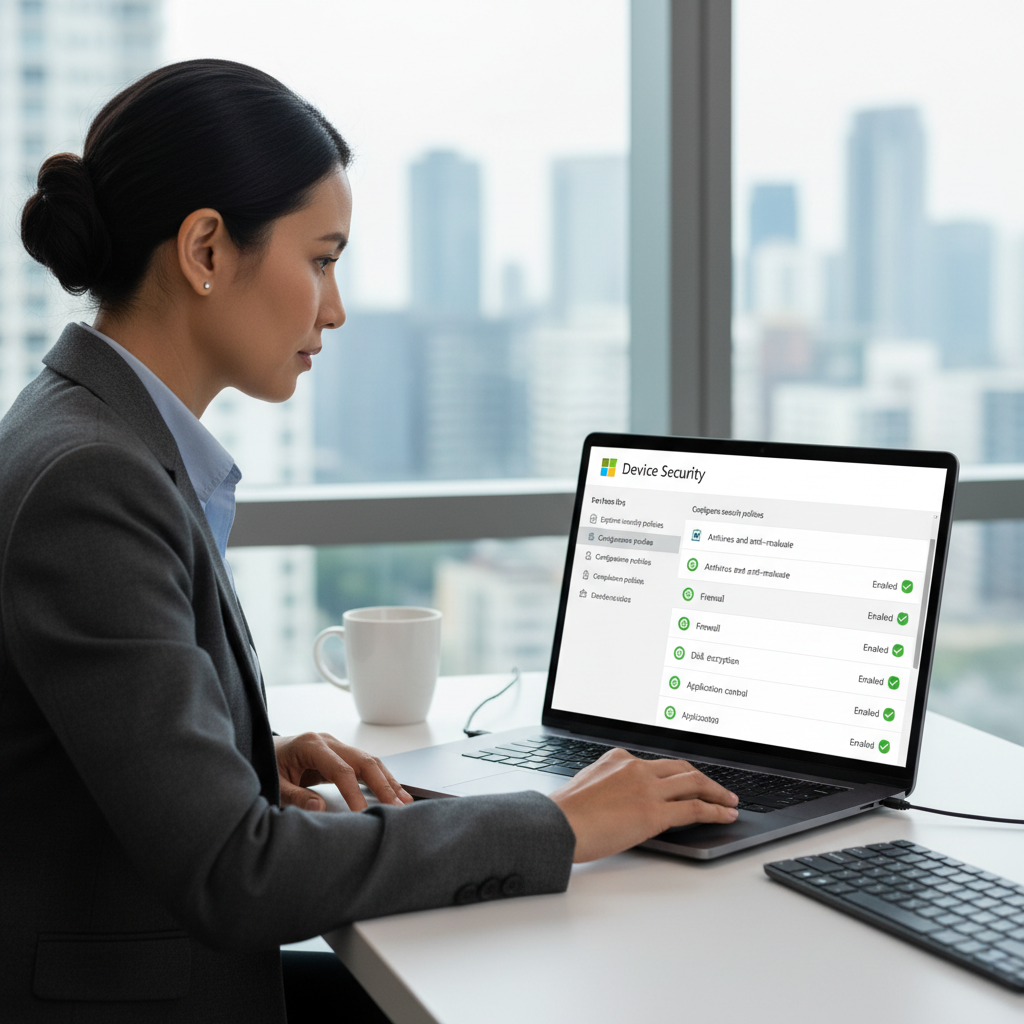 An IT professional managing device security settings on a laptop, showcasing the Intune interface with various security policies enabled.