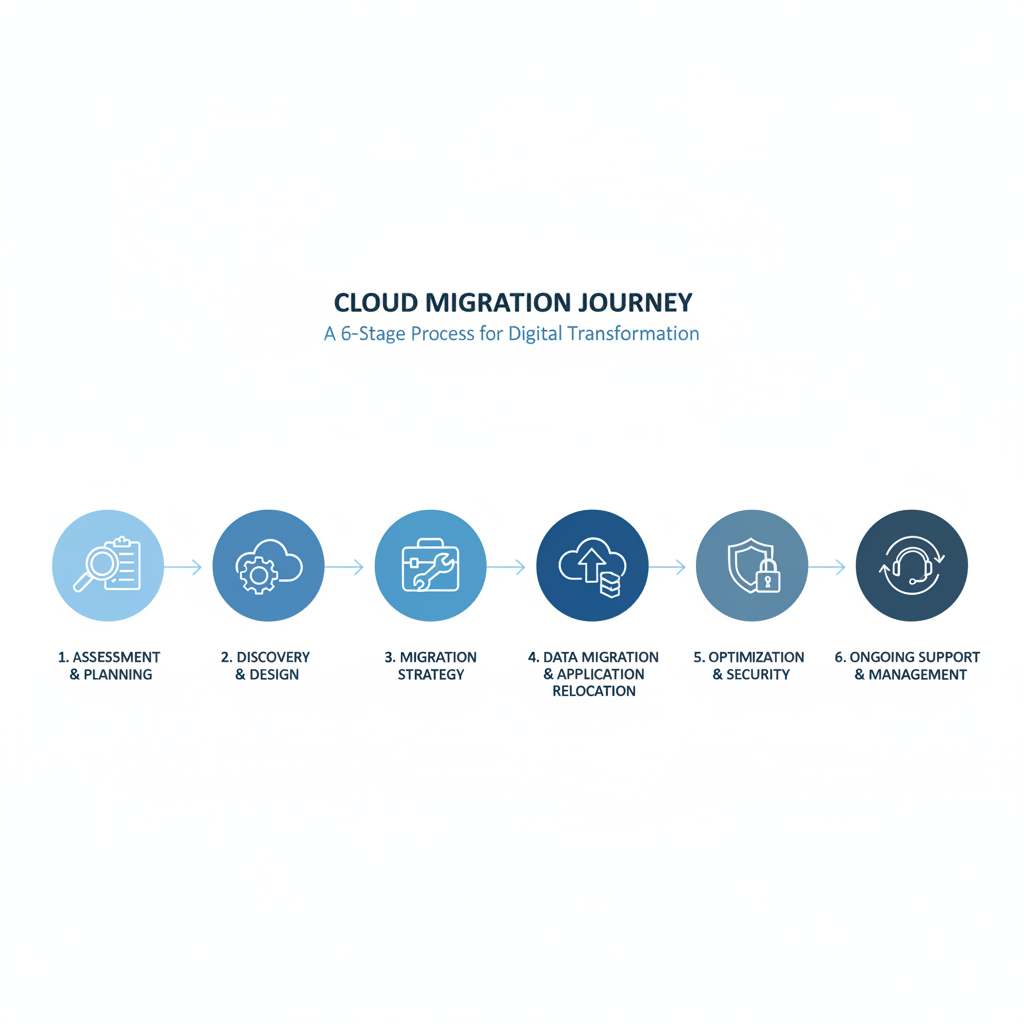 A diagram illustrating the different stages of a cloud migration process, from assessment and planning to data migration and ongoing support.