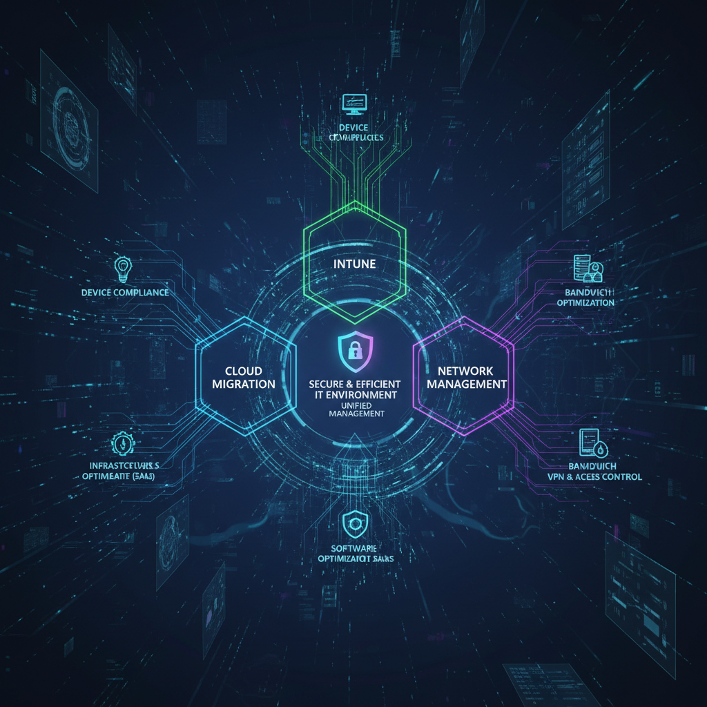 A diagram showing the interconnectedness of Intune, Cloud Migration, and Network Management, highlighting how they work together to create a secure and efficient IT environment.
