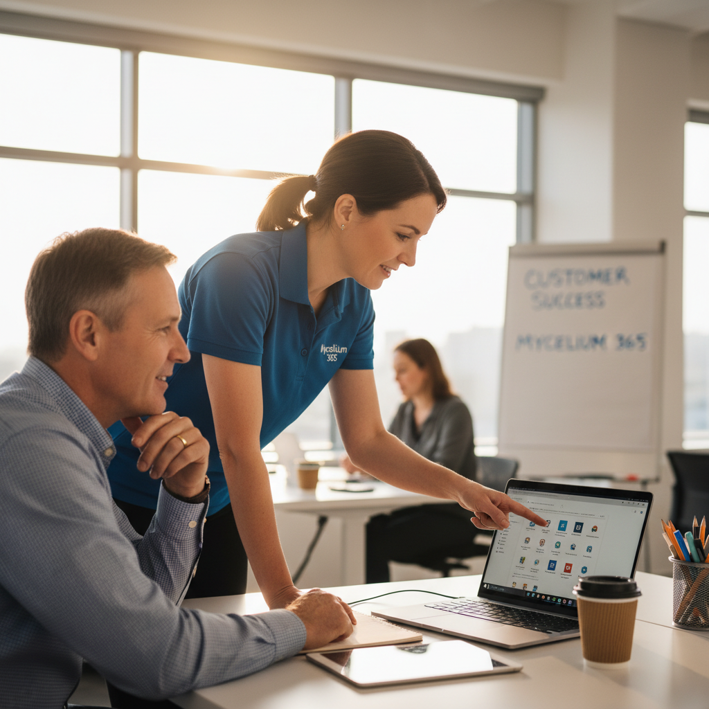 A Mycelium 365 team member assisting a client with their Microsoft 365 setup, showcasing the company's commitment to customer support and expertise.