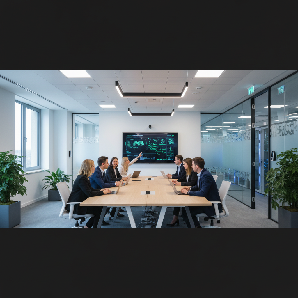 A modern office environment with employees working on laptops, showcasing a collaborative and secure workspace.