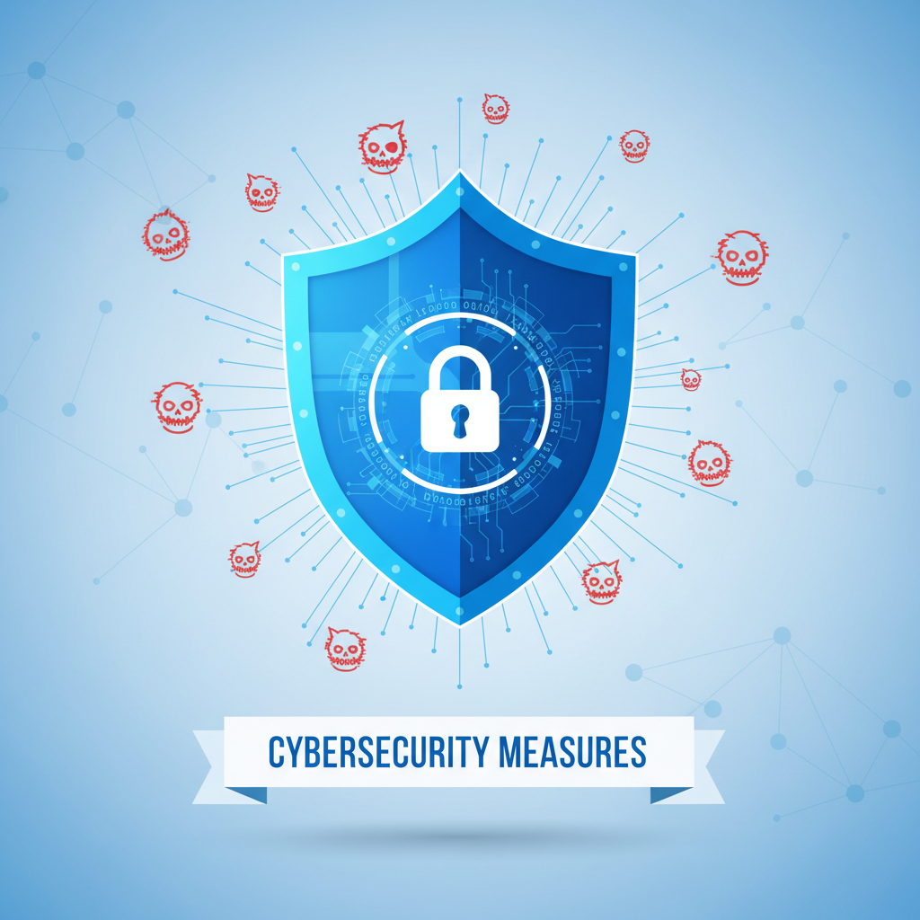A graphic representation of a digital shield protecting data from cyber threats, symbolizing cybersecurity measures.