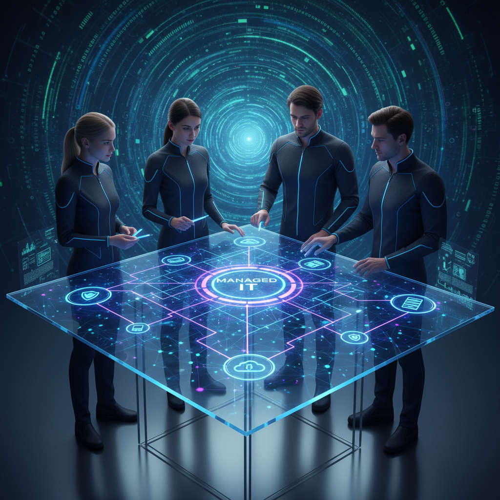 A team of IT professionals collaborating on a network infrastructure diagram, representing Managed IT Services.