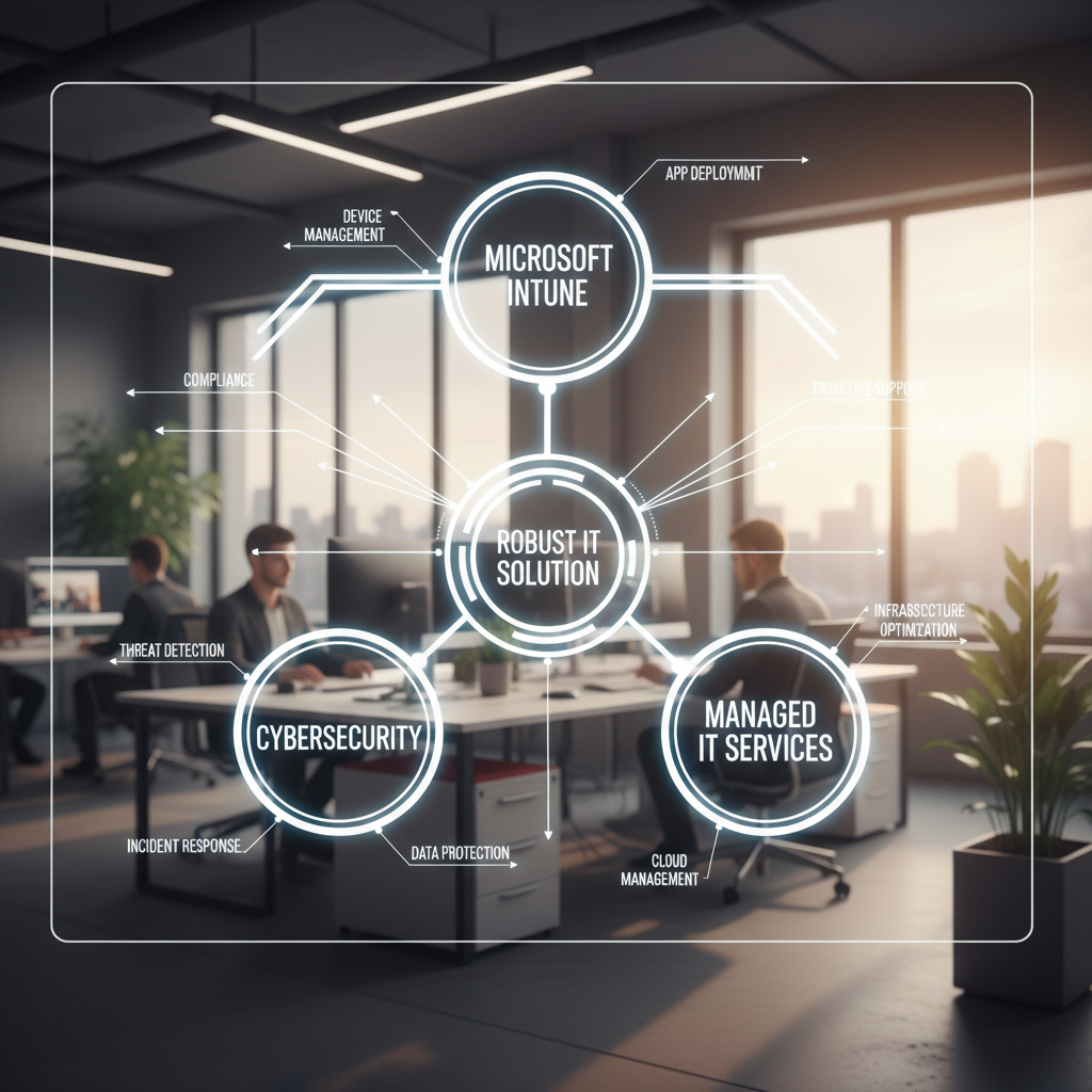 A diagram illustrating the interconnectedness of Intune, Cybersecurity, and Managed IT Services, forming a robust IT solution.