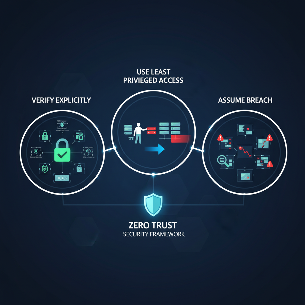 An illustration depicting the Zero Trust Security framework, highlighting the principles of 'verify explicitly', 'use least privileged access', and 'assume breach'.